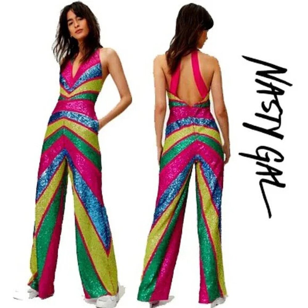 💋RETRO GLAM!💋 STUDIO 54 Halter Cut Out Wide-leg Jumpsuit in Stripe Sequin